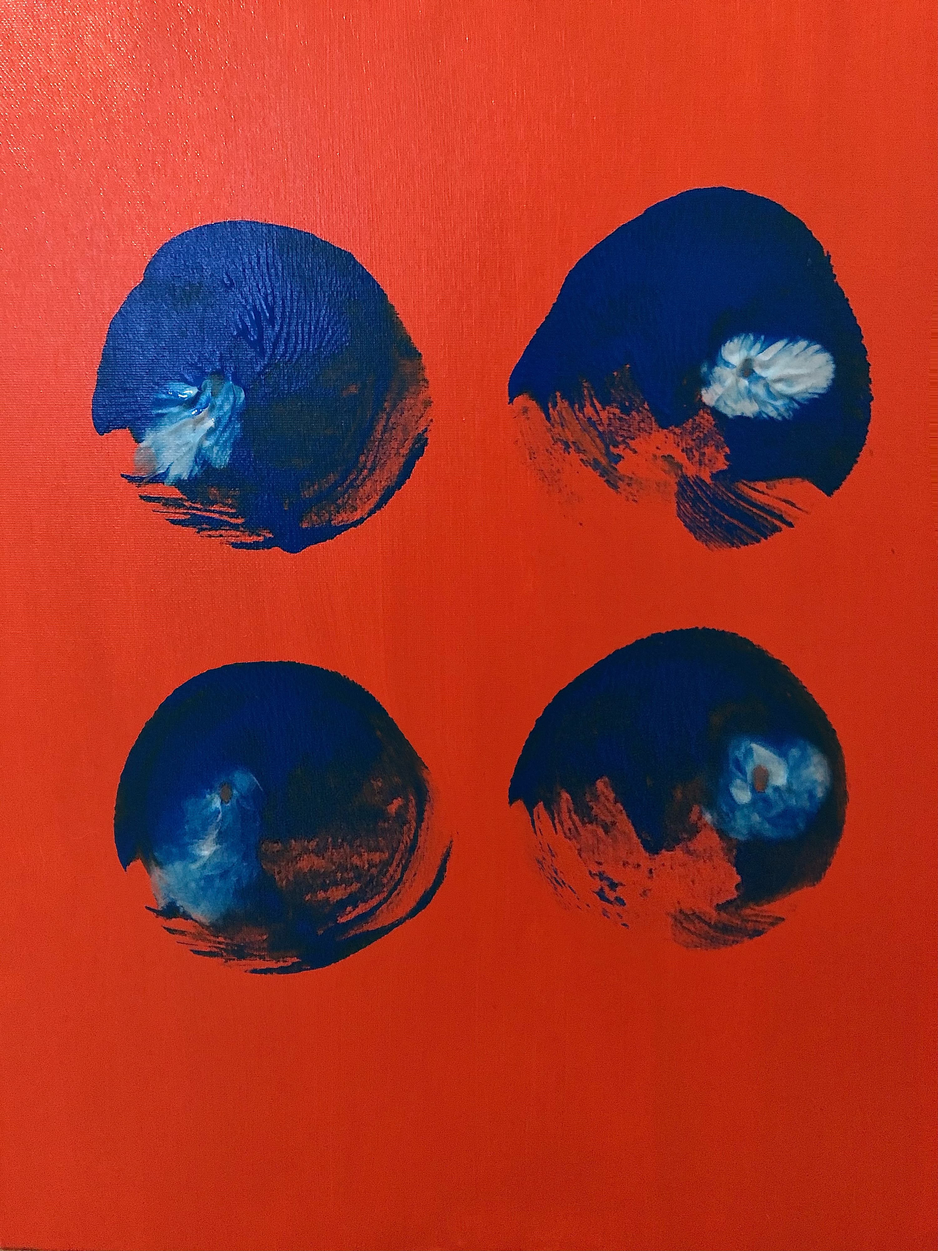 Artwork by Cristina Vitan: four blue imprints on a red-orange background